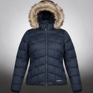 Eddie Bauer Sun Valley Down Parka Navy Blue Faux Fur Hood Jacket L17FN2607 M